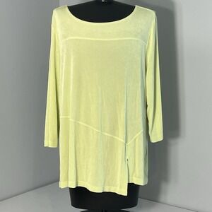 CHICO'S KNIT TUNIC Womens size 2/M Green Silky Boat Neck 3/4 Sleeve Notched Hem